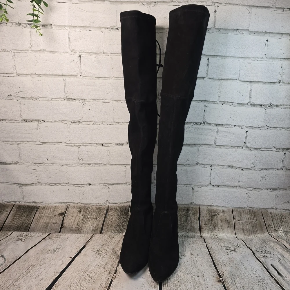 Stuart Weitzman Black Over-the-Knee Suede Tiemodel Almond Toe Womens Boots 9 EUC